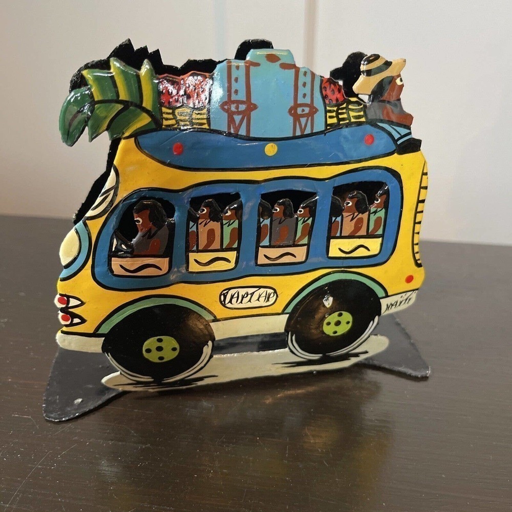 VTG Caribbean Hand Painted Metal Bus Folk Art Colorful Haitian Napkin Holder